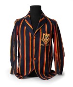 SOUTH AUSTRALIAN CRICKET ASSOCIATION, Clarrie Grimmett's blazer, blue wool with red and yellow stripes, embroidered with the initials of the South Australian Cricket Association and their logo in red, gold, black and white thread, circa 1939/40. Label of - 2