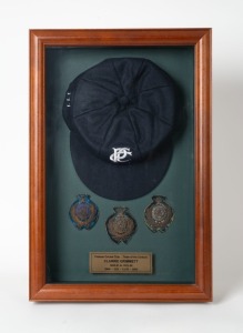 CLARRIE GRIMMETT'S posthumous presentation/display on his nomination to the PRAHRAN CRICKET CLUB'S TEAM OF THE 20th CENTURY; comprising of a commemorative cap (with Grimmett's number "111" embroidered to the side, mounted together with original 1920-21, 1