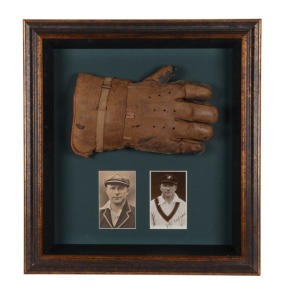 BERT OLDFIELD signed RP postcard, attractively presented with another unsigned postcard and a wicket-keeper's right-hand glove (indistinctly signed), circa 1930; framed & glazed, 58 x 54cm overall.