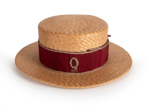A Queensland rugby union straw boater with maroon headband embroidered with "Q" and "1903"; internal silk lining in tact with the maker's name "Voigt Bros., Tailors & Mercers. Warwick" on the label.