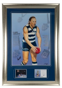 GARY ABLETT SNR: Limited edition lithographic poster mounted together with a photograph of Ablett signing the piece and a certificate of authenticity signed by the artist, John Christie; #217/750. Framed and glazed, overall 128 x 89cm