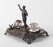 Silver plated desk set adorned with a figure of a bowler in action, both inkwells present (one without metal rim), made by James Deakin & Sons, Sheffield, circa 1900. - 2