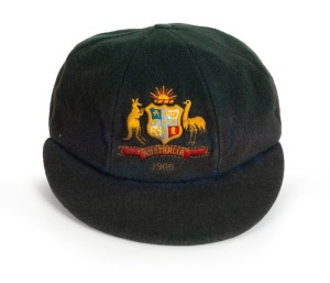 ALAN CONNOLLY'S AUSTRALIAN "BAGGY GREEN" TEST CAP, from the 1969-70 Tour of India and Ceylon, green wool with embroidered Australian Coat-of-Arms & "1969" on front, Australian Manufacture label inside with initials "AC" to small pure wool label. Very good