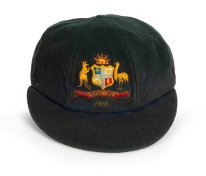 ALAN CONNOLLY'S AUSTRALIAN "BAGGY GREEN" TEST CAP, from the 1969-70 Tour of India and Ceylon, green wool with embroidered Australian Coat-of-Arms & "1969" on front, Australian Manufacture label inside with initials "AC" to small pure wool label. Very good match-used condition.