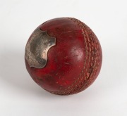 A trophy cricket ball with silver plaque affixed, engraved dedication "B. D. C. L., B-Grade - Presented by A. ROSS to L. Brown. Highest Aggregate. 50 wickets - 1928-29". - 2