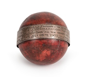 TROPHY CRICKET BALL - 1932 ARTHUR JOHN RICHARDSON: with loosely fitted sterling silver circumferential band engraved 'Presented to A.J. Richardson, who took all 10 wickets for Burnley in the Lancashire League match Burnley v Rishton ... July 16th 1932 ".