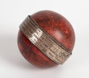 TROPHY CRICKET BALL - 1932 ARTHUR JOHN RICHARDSON: with loosely fitted sterling silver circumferential band engraved 'Presented to A.J. Richardson, who took all 10 wickets for Burnley in the Lancashire League match Burnley v Rishton ... July 16th 1932 ". - 2