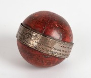 TROPHY CRICKET BALL - 1932 ARTHUR JOHN RICHARDSON: with loosely fitted sterling silver circumferential band engraved 'Presented to A.J. Richardson, who took all 10 wickets for Burnley in the Lancashire League match Burnley v Rishton ... July 16th 1932 ". - 3