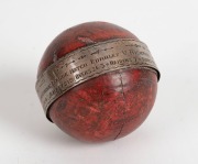 TROPHY CRICKET BALL - 1932 ARTHUR JOHN RICHARDSON: with loosely fitted sterling silver circumferential band engraved 'Presented to A.J. Richardson, who took all 10 wickets for Burnley in the Lancashire League match Burnley v Rishton ... July 16th 1932 ". - 4