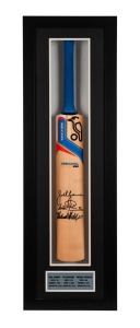 Full-size Kookaburra Recoil 250 cricket bat signed by West Indian greats Sir Vivian Richards, Michael Holding, and Joel Garner. Attractively-presented in a custom-built glass-fronted display case. 110 x 35cm. Accompanied by two photographs of the cricketers signing bats at a fundraising dinner at the MCG, November 2012.