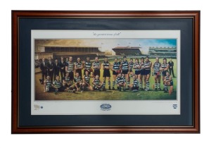 GEELONG: "the greatest team of all", Geelong Team of The Century limited edition print of a painting by Jamie Cooper, signed by the artist and numbered 276/350. Framed and glazed, overall 78 x 121cm. With CofA.