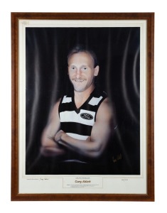 GEELONG: Gary Ablett Snr print of the painting by Harry Kuehnel, signed by the artist and Ablett; limited edition 460/500. Framed and glazed 102 x 76cm.