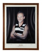 GEELONG: Gary Ablett Snr print of the painting by Harry Kuehnel, signed by the artist and Ablett; limited edition 460/500. Framed and glazed 102 x 76cm.