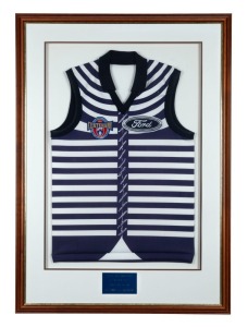 GEELONG: VFL/AFL 100th Anniversary Re-enactment Match Geelong jersey. Framed and glazed, overall 107 x 75cm.