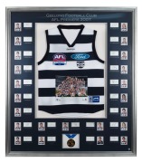 GEELONG CATS: 2007 Premiership display featuring a commemorative Grand Final jersey surrounded by photographs of all team members and their original signatures (23 total); complimented by a replica Premiership medal and A-tag certification number 03018236