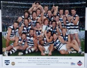 GEELONG CATS: 2007 Premiership display featuring a commemorative Grand Final jersey surrounded by photographs of all team members and their original signatures (23 total); complimented by a replica Premiership medal and A-tag certification number 03018236 - 2