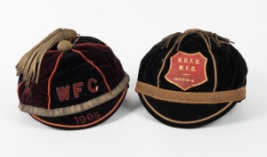 Two sporting caps of unknown origin, both with embroidered club details, early 20th century, ​​​​​​​Note: Sydney Hat Manafacturer label to the inside of one example