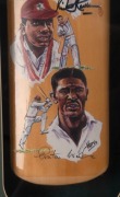 THE KNIGHTS OF CRICKET, full size cricket bat, with signatures of Sir Donald Bradman, Sir Richard Hadlee, Sir Colin Cowdrey, Sir Garfield Sobers, Sir Clyde Walcott & Sir Everton Weekes, mounted in an attractive display case, overall 47x108cm. Accompanied - 4