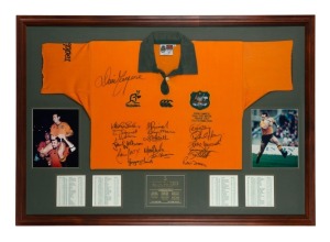 DAVID CAMPESE: display featuring special Wallabies rugby jersey signed by Campese and fellow team members, including John Eales, Matthew Burke, Tim Horan & George Gregan, who played in his 100th Test Match against Italy in 1996; framed & glazed, overall 118x83cm. Australia won 40 - 18.