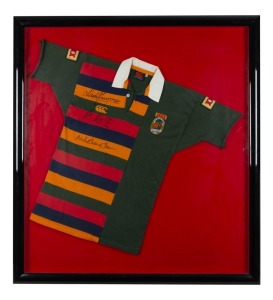 1993/94 Australian Rugby Team short-sleeved jersey signed by David Campese, Nick Farr-Jones and Phil Kearns; framed and glazed, overall 116 x 116cm.