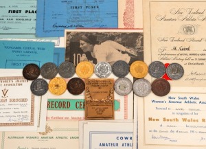 MAUREEN CAIRD'S ROAD TO MEXICO GOLD AND BEYOND: An impressive collection of certificates and medals, 1962 to 1972, illustrating Caird's many successes until her retirement from competitive sports.(16 medals, 49 certificates) and a scrapbook.