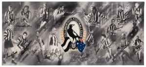 Canvas print, circa 2000 featuring Collingwood logo, together with images and signatures of the 16 living Magpie captains at that time. The signatories were Lou Richards, Neil Mann, Frank Tuck, Murray Weideman, John Henderson, Des Tuddenham, Terry Waters,