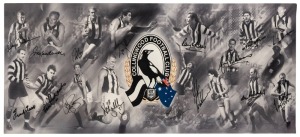 Canvas print, circa 2000 featuring Collingwood logo, together with images and signatures of the 16 living Magpie captains at that time. The signatories were Lou Richards, Neil Mann, Frank Tuck, Murray Weideman, John Henderson, Des Tuddenham, Terry Waters, Wayne Richardson, Len Thompson, Max Richardson, Peter Moore, Ray Shaw, Mark Williams, Tony Shaw, Gavin Brown and Nathan Buckley.