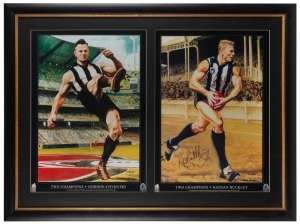 “Two Champions”. Framed & glazed presentation featuring prints of Jamie Cooper paintings of Nathan Buckley and Gordon Coventry. Coventry is depicted playing at the MCG, while Buckley is depicted playing at an old Victoria Park. Limited edition, #5 of 500,