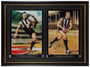 “Two Champions”. Framed & glazed presentation featuring prints of Jamie Cooper paintings of Nathan Buckley and Gordon Coventry. Coventry is depicted playing at the MCG, while Buckley is depicted playing at an old Victoria Park. Limited edition, #5 of 500, circa 1999. Signed by Buckley.