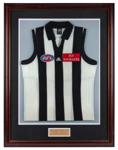 Nathan Buckley’s Collingwood guernsey circa 2000. With plaque attached reading: ‘COLLINGWOOD FOOTBALL CLUB Played since 1994. Captain since 1999. Copeland Trophy Winner 1994, 1996, 1998, 1999, 2000.’ A framed presentation created at the conclusion of the 