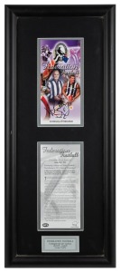 “Federation Football”. Unusual display item produced to commemorate Collingwood’s defeat of Carlton in the game played to celebrate the Centenary of Federation, played on May 6th, 2001. Featuring a montage of Collingwood images signed by Buckley, and a le