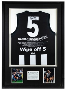 BUCKLEY'S 200th GAME: A special guernsey produced to celebrate Bucks’ 200th game in 2002. The guernsey is framed to display the rear, showing #5 and a summary of Buckley's career highlights to that point. Signed by Buckley in the number. Limited edition #