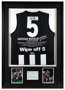 BUCKLEY'S 200th GAME: A special guernsey produced to celebrate Bucks’ 200th game in 2002. The guernsey is framed to display the rear, showing #5 and a summary of Buckley's career highlights to that point. Signed by Buckley in the number. Limited edition #5 of 200. With Elite Sports/AFL Certificate of Authenticity.