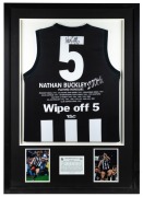 BUCKLEY'S 200th GAME: A special guernsey produced to celebrate Bucks’ 200th game in 2002. The guernsey is framed to display the rear, showing #5 and a summary of Buckley's career highlights to that point. Signed by Buckley in the number. Limited edition #