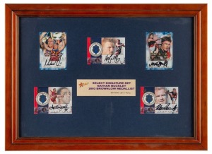 A framed display comprising five Select Signature Set cards, 2003. Featuring cards of the three Brownlow Medallists (Nathan Buckley, Adam Goodes, Mark Ricciuto), Matthew Lloyd (leading goalkicker) and Michael Voss (Premiership captain). With all cards ind