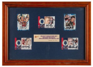 A framed display comprising five Select Signature Set cards, 2003. Featuring cards of the three Brownlow Medallists (Nathan Buckley, Adam Goodes, Mark Ricciuto), Matthew Lloyd (leading goalkicker) and Michael Voss (Premiership captain). With all cards individually hand-signed.