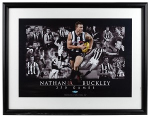 BUCKLEY'S 250th GAME: Framed & glazed display commemorating Nathan Buckley’s 250th AFL game in 2005, presented to him by his management company, Elite Sports Properties. Featuring a montage of images of Buckley from throughout his career.
