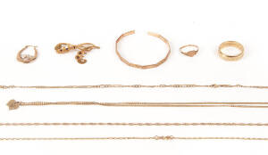 VARIOUS: Two gold rings; garnet brooch; necklaces; bangle and earring. Some damage. Total weight 12 grams.