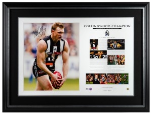 “Nathan Buckley – Collingwood Champion”. Produced in Buckley’s final season, 2007, this signed piece of Elite Sports memorabilia also includes a swatch of a guernsey worn by Buckley during the 2007 season. Number 5 of 280. Signed and framed.