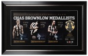 Framed lithograph signed by Collingwood&rsquo;s three living Brownlow Medallists, circa 2012 &ndash; Dane Swan, Peter Moore and Nathan Buckley. The display comprises of a single image of each player, plus a replica Brownlow Medal. Signed by all three players. Limited