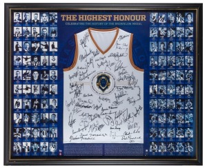 “The Highest Honour”. A display produced by the AFL and AFL Players Association celebrating Brownlow Medallists. Comprising head shots of all winners up to 2014. Features an oversized replica Brownlow Medal as the centrepiece and a specially designed guernsey with signatures of living Medallists