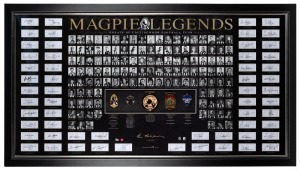 “Magpie Legends” framed presentation, created for Collingwood’s 125th anniversary in 2017. Features small photos of 125 of the club’s greatest players, together with original signatures of all 58 living players featured, and replica Premiership, Norm Smit