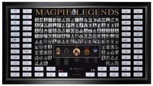 “Magpie Legends” framed presentation, created for Collingwood’s 125th anniversary in 2017. Features small photos of 125 of the club’s greatest players, together with original signatures of all 58 living players featured, and replica Premiership, Norm Smith, Brownlow, Coleman and Copeland Medals. Limited edition of 125. This is a rare Players Edition example, presented to Nathan Buckley.