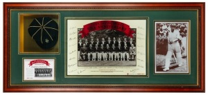 50th anniversary of The Invincibles, framed memorabilia piece celebrating the achievements of Don Bradman’s famous 1948 touring side. Featuring a replica baggy green cap, a team photo with printed signatures and a photo of Bradman. Numbered 1305 of 1500.