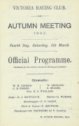 1892 VRC STEEPLECHASE: Leather-bound "Victoria Racing Club, 1892. Autumn Meeting, Official Programme, Steeplechase Day". Together with a dinner menu, "Welcome to Bundoora Park. The 'Brunswick Herd' and 'Bundoora Park Stud' Annual Sale 1878". Fair/Good con - 2