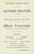 1892 VRC STEEPLECHASE: Leather-bound "Victoria Racing Club, 1892. Autumn Meeting, Official Programme, Steeplechase Day". Together with a dinner menu, "Welcome to Bundoora Park. The 'Brunswick Herd' and 'Bundoora Park Stud' Annual Sale 1878". Fair/Good con - 2