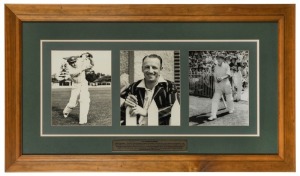 DON BRADMAN: Three classic photographs, mounted together, attractively framed and glazed. 55 x 95cm overall