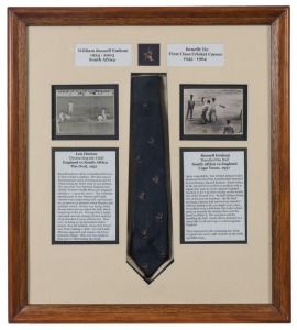 WILLIAM RUSSELL ENDEAN, South Africa (1924-2003): A framed display explaining and illustrating the two most remarkable events in Endean's career, "The Obstructing the Field" dismissal of Len Hutton at The Oval, 1951 and "The Handled the Ball" dismissal of Len Hutton, Cape Town, 1957; with Endean's Benefit tie. 54 x 48cm overall