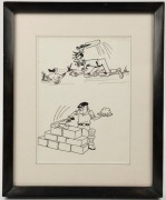 A COMMONWEALTH XI VISIT SINGAPORE, OCTOBER 1962: A collection of original whimsical pen and ink sketches depicting cricketers and cricketing scenes, (9) all framed and each 38 x 31cm overall. - 2