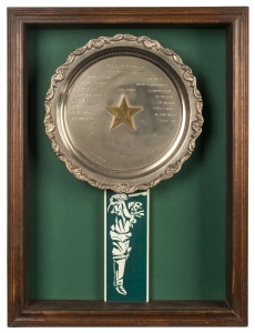 AUSTRALIA v. PAKISTAN: A framed souvenir presentation plate created by the Pakistan cricket team to commemorate its historic visit to Australia and New Zealand in 1972-73. Accompanied by the official souvenir programme. (2 items). The frame 42 x 31.5cm overall.